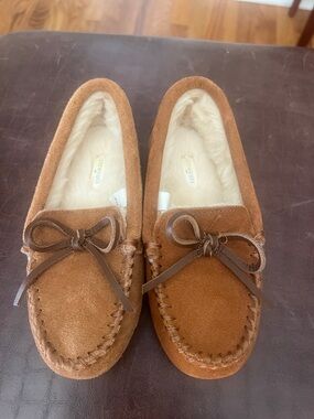 Crew Cuts Faux Fur Lined Suede Moccasin Slippers - Chestnut Brown
